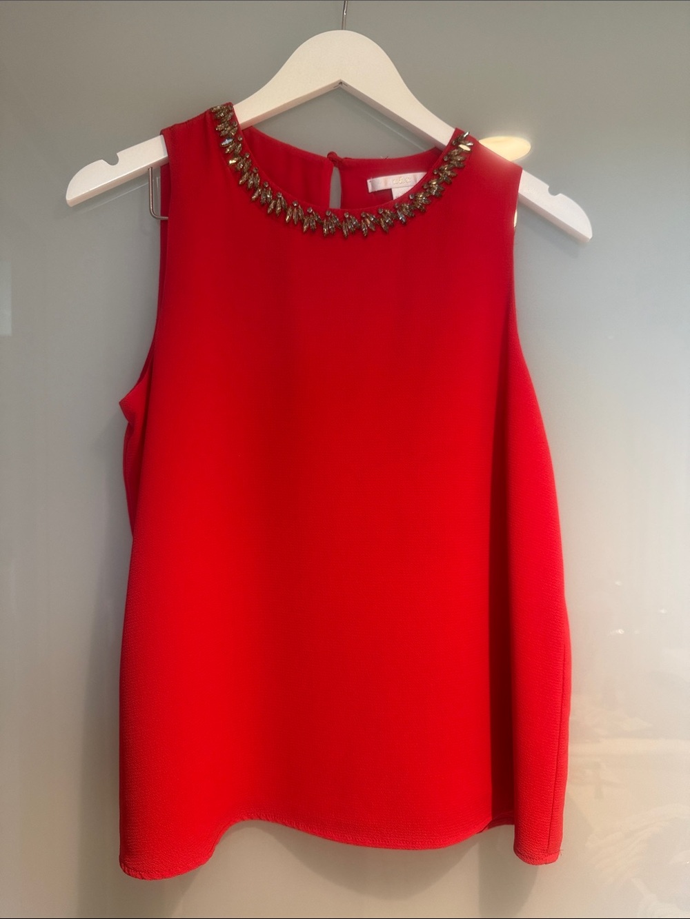 C&E Size Small Red Jewel Neck Shell Blouse Top Jeweled Necklace Look